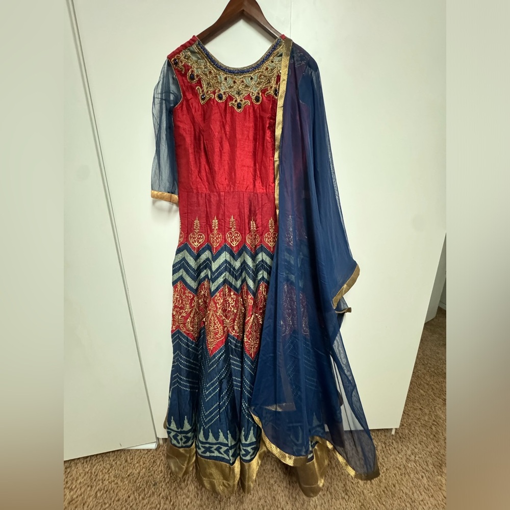 Elegant Red and Blue Embroidered Indian Anarkali Dress